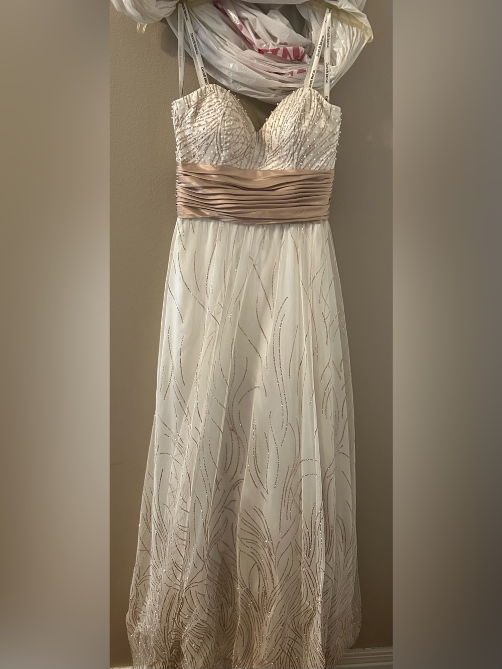 David's Bridal Ivory and Champagne Beaded Strapless Evening Dress